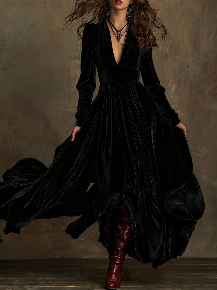 Mave - Retro Oversized Skirt Long Dress With Deep V-Neck