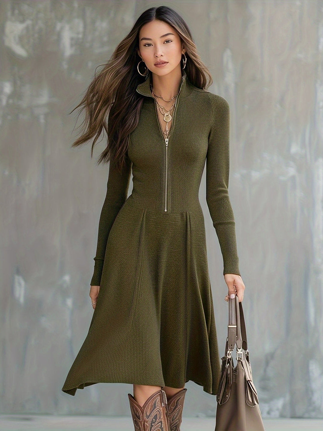 Leticia - Zippered Long Sleeve Dress With Stretch Fabric