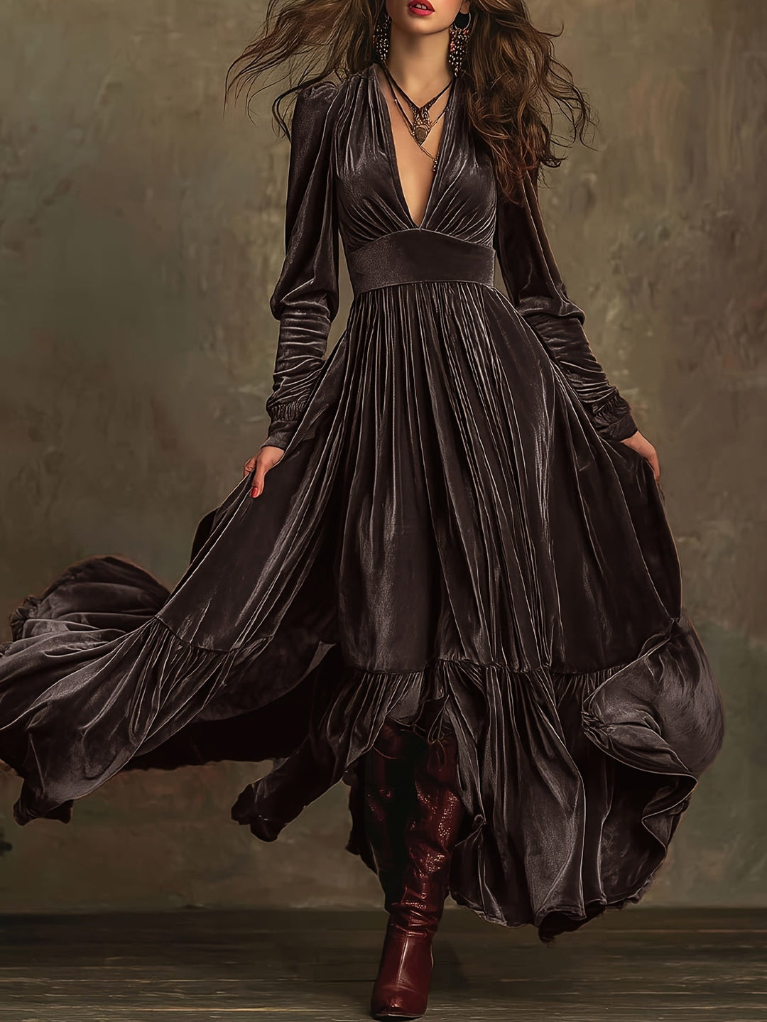 Mave - Retro Oversized Skirt Long Dress With Deep V-Neck