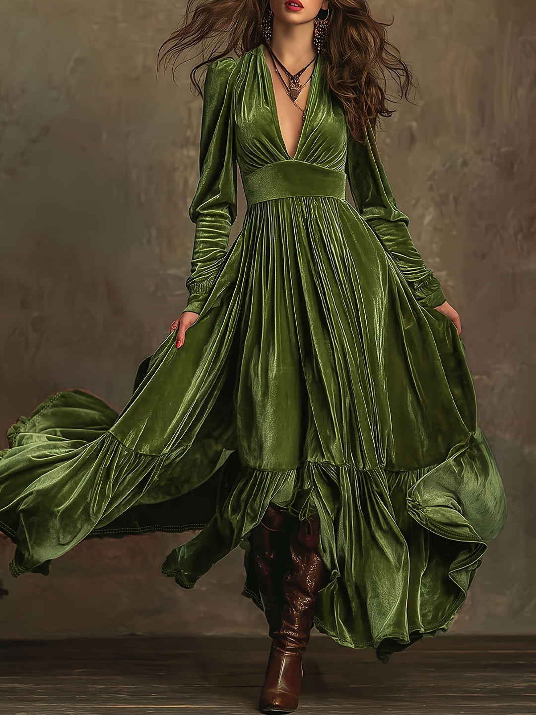 Mave - Retro Oversized Skirt Long Dress With Deep V-Neck